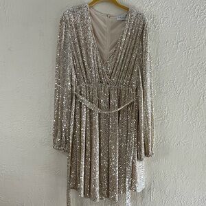 Club L London Plunge Neckline Sequin Mini Dress in Gold Silver
